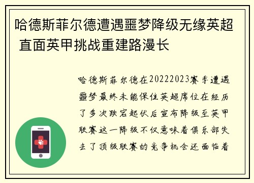 哈德斯菲尔德遭遇噩梦降级无缘英超 直面英甲挑战重建路漫长